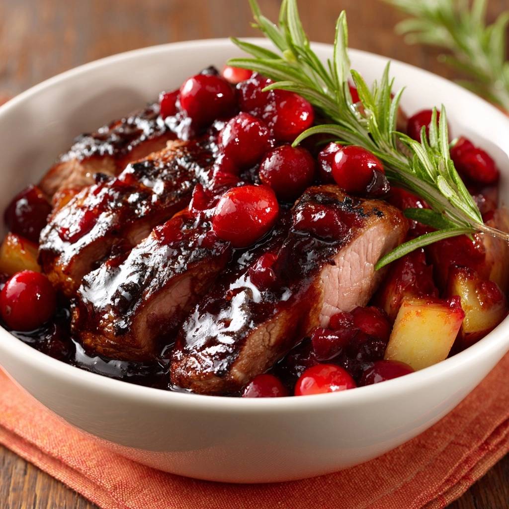 Saftiges Rindfleisch mit Preiselbeer-Ananas-Soße, nah aufgenommen mit Blick auf den Anschnitt und die fruchtige Sauce.