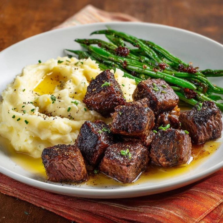 Saftige Rindfleischwürfel mit cremigem Kartoffelpüree und grünen Bohnen, serviert auf einem weißen Teller.