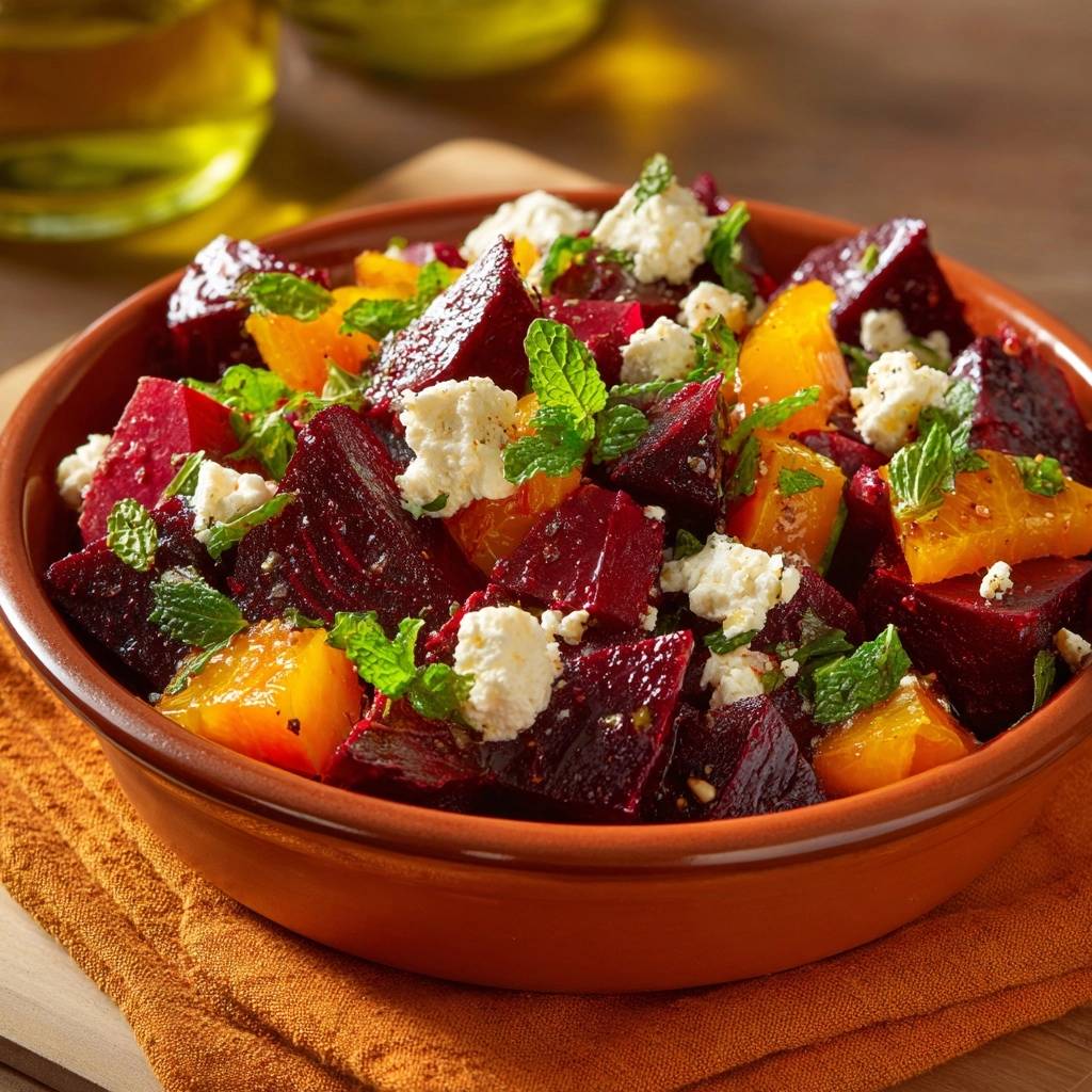 Frischer Rote-Bete-Feta-Salat mit Orange und Minze in einer Schüssel, detailreiche Nahaufnahme der Zutaten.