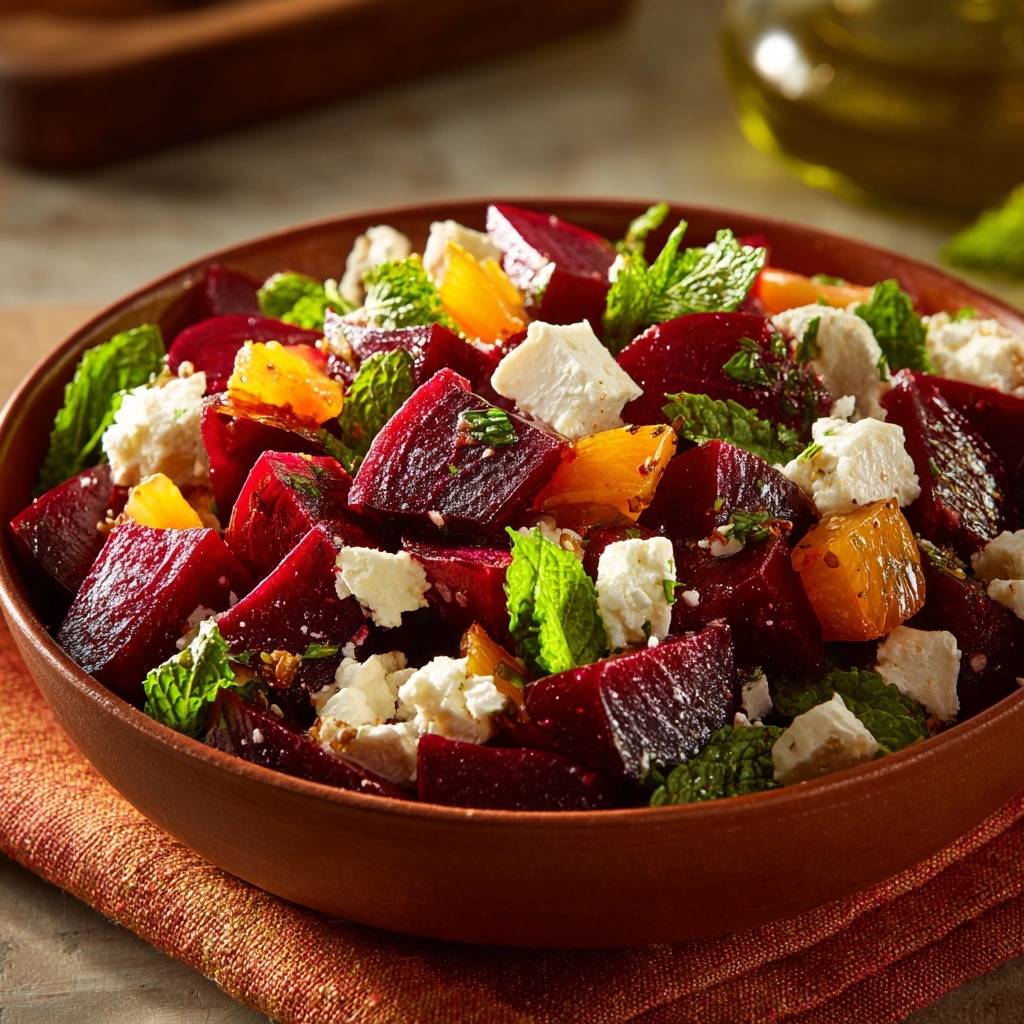 Frischer Rote-Bete-Feta-Salat mit Orange und Minze, Nahaufnahme der einzelnen Zutaten im rustikalen Serviergefäß.