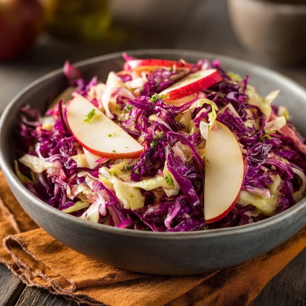Rotkohl Apfel Salat Nahaufnahme Schuessel 1 Knackiger Rotkohl-Apfel-Salat in einer grauen Schüssel auf einem Holztisch, mit Apfelscheiben garniert