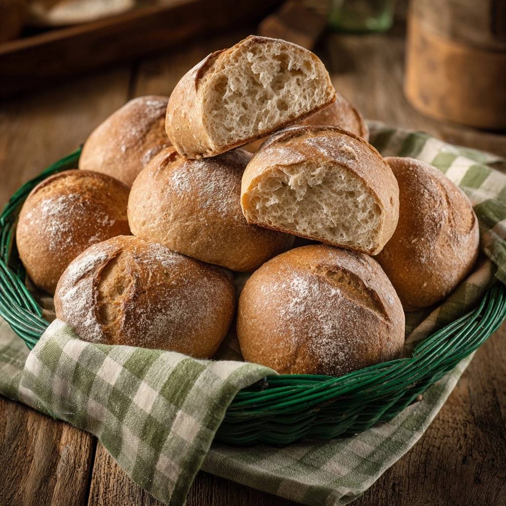 Rustikale Bauernbroetchen Angeschnitten 1 Rustikale Bauernbrötchen angeschnitten, die das luftige Innere und die knusprige Kruste zeigen, die in einem Korb liegen.