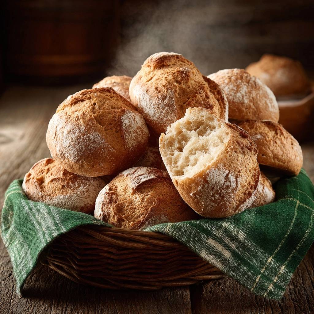 Rustikale Bauernbrötchen angeschnitten im Korb mit grünem Tuch, die weiche Kruste ist gut sichtbar.