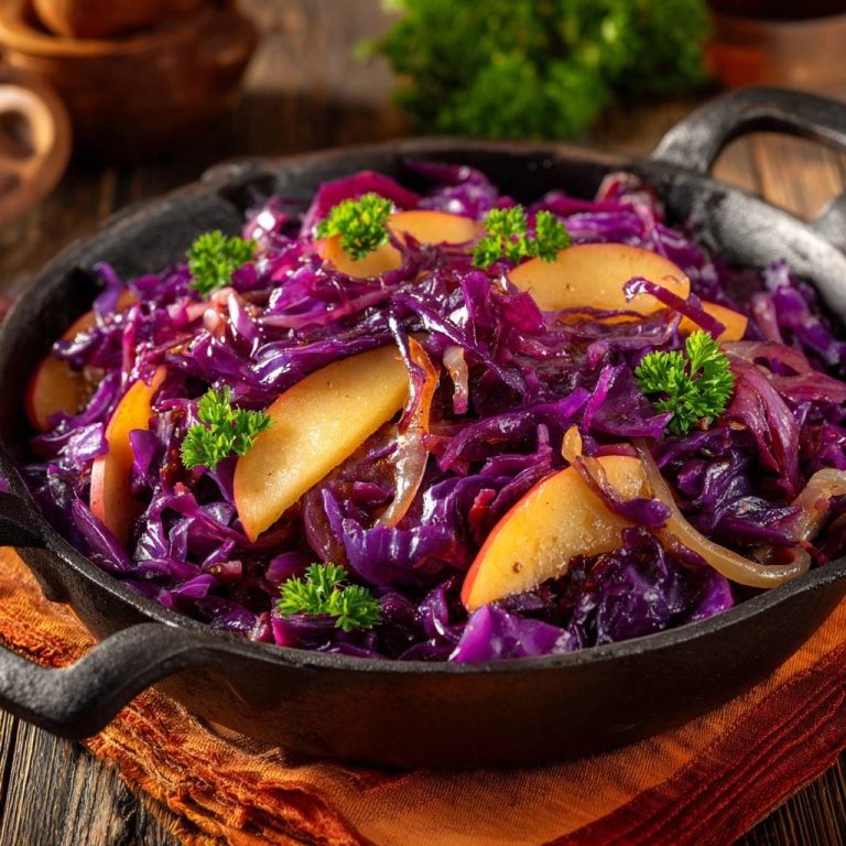 Rustikaler Apfel-Rotkohl in einer Gusseisenpfanne, garniert mit Petersilie und Apfelspalten.