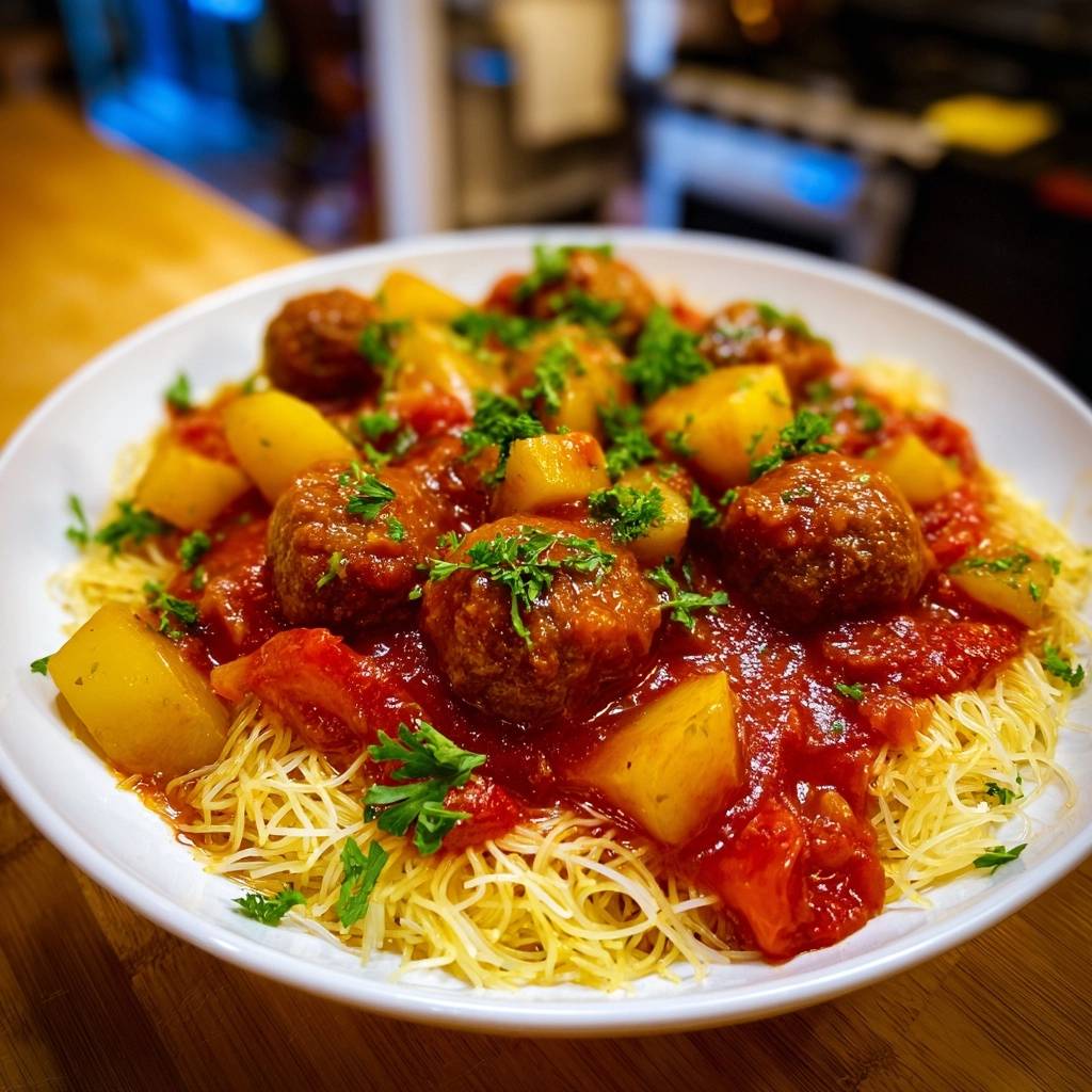 Saftige Fleischbaellchen In Tomatensoe Mit Nudeln Und Kraeut 1 Saftige Fleischbällchen in Tomatensoße serviert auf feinen Nudeln, garniert mit frischen Kräutern.