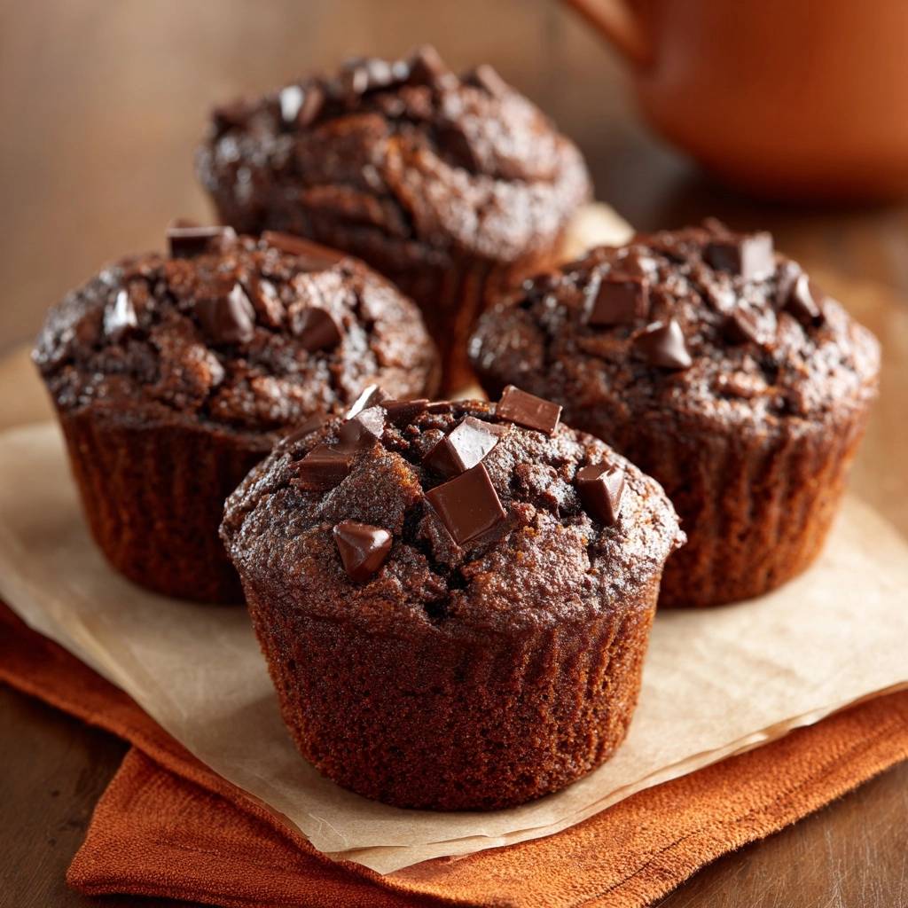 Saftige Schoko-Chunk-Muffins mit vielen Schokostückchen auf der Oberfläche, nahaufnahme