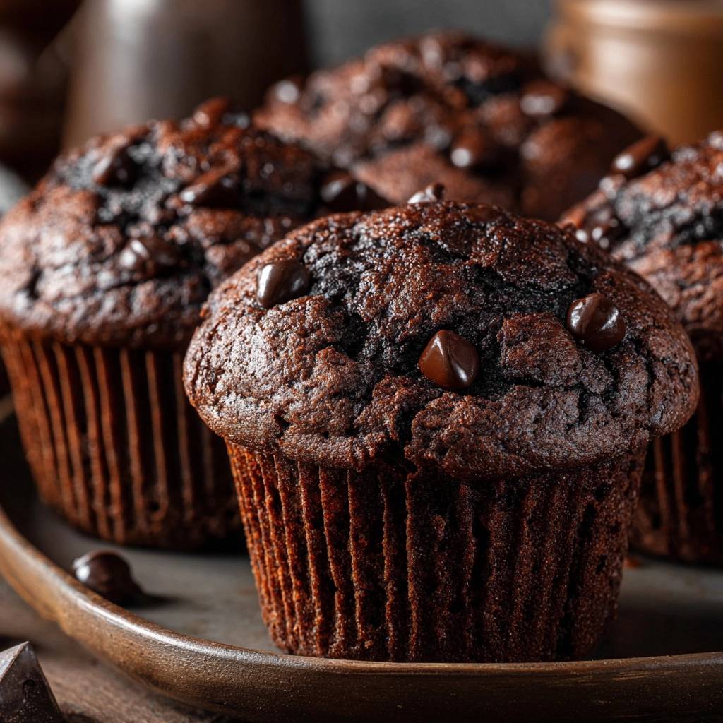 Saftige Schoko-Chunk-Muffins als Nahaufnahme mit geschmolzenen Schokoladenstücken auf der Oberfläche.