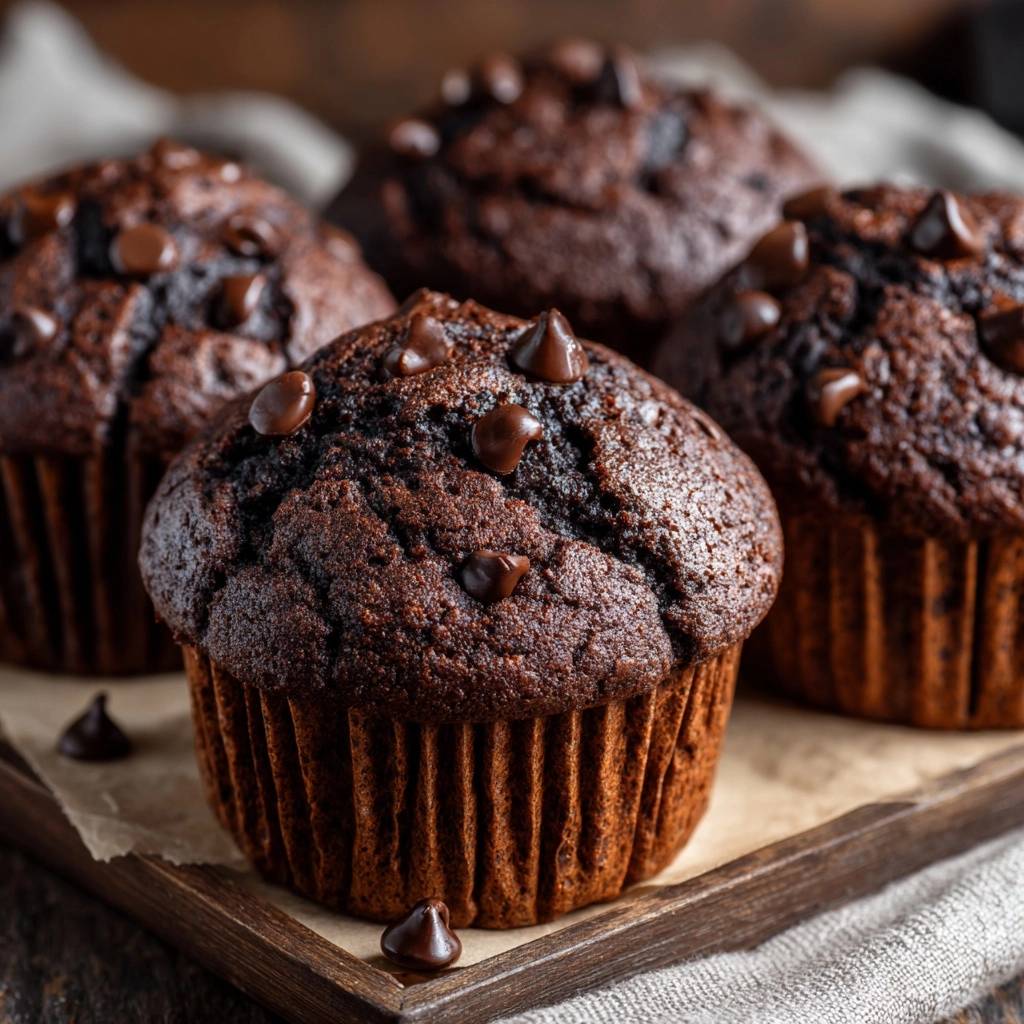 Saftige Schoko Chunk Muffins Detailaufnahme Schokostuecke 1 Saftige Schoko-Chunk-Muffins mit sichtbaren Schokoladenstückchen und leicht zerklüfteter Oberfläche auf einem Holzbrett.