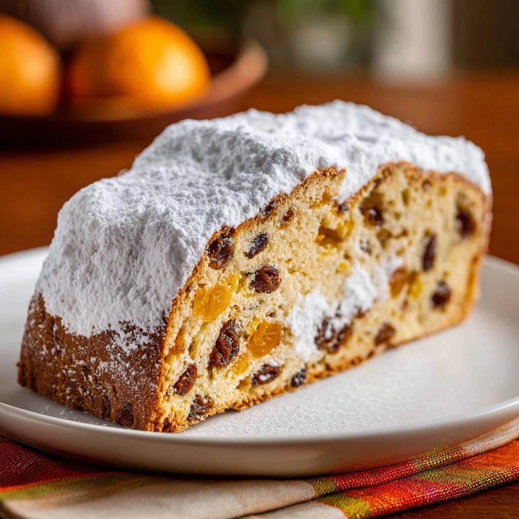 Saftiger Aprikosen Rosinen Stollen Angeschnitten 1 Saftiger Aprikosen-Rosinen-Stollen angeschnitten auf einem Teller, mit Puderzucker bestäubt und sichtbaren Trockenfrüchten.