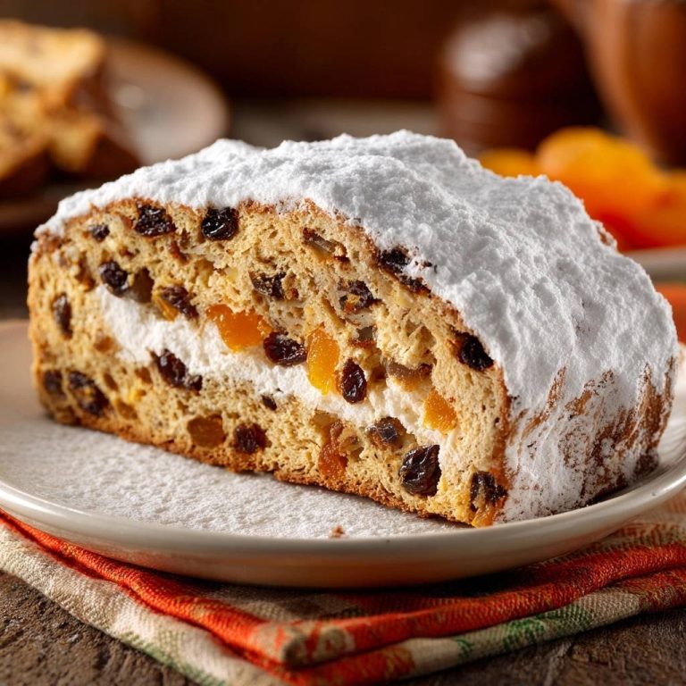 Saftiger Aprikosen-Rosinen-Stollen Rezept, angeschnitten mit einem cremigen Inneren und bestäubt mit Puderzucker