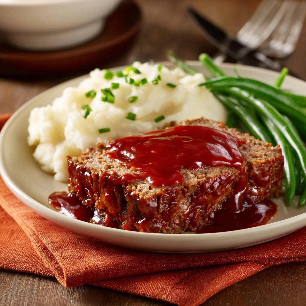 Saftiger Hackbraten mit Kartoffelpüree und grünen Bohnen, eine Scheibe auf einem Teller angeschnitten mit Sauce serviert.