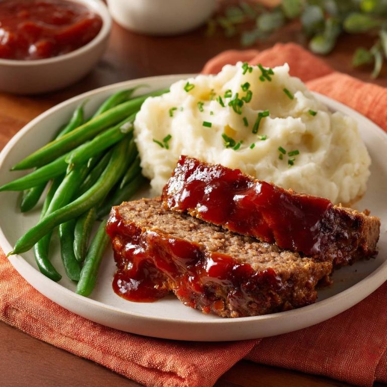 Saftiger Hackbraten mit Kartoffelpüree und grünen Bohnen, angeschnitten und mit Sauce übergossen auf einem Teller.