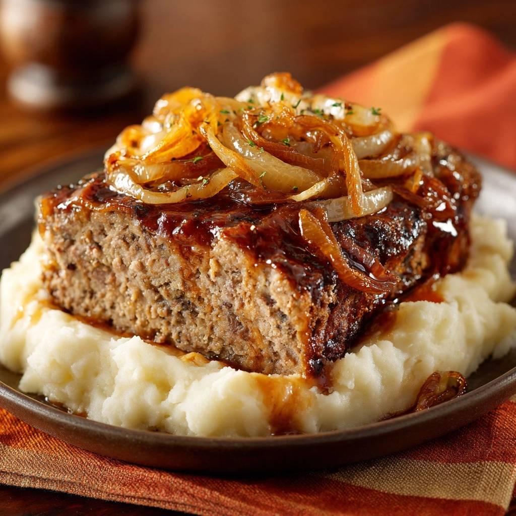 Saftiger Hackbraten Angeschnitten Mit Zwiebeln 1 Saftiger Hackbraten mit karamellisierten Zwiebeln, angeschnitten und auf Kartoffelpüree serviert, Nahaufnahme des saftigen Inneren.