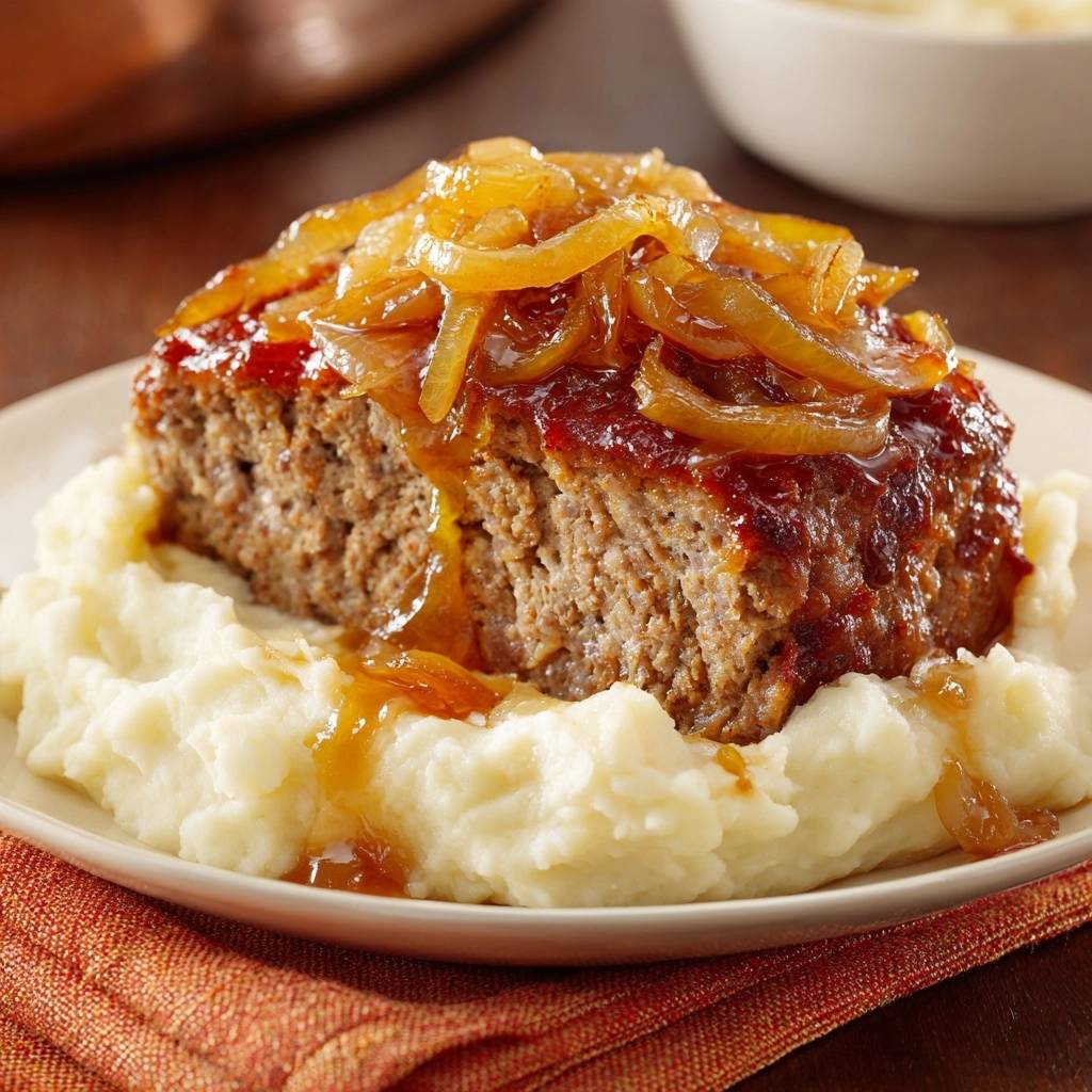 Saftiger Hackbraten mit karamellisierten Zwiebeln, serviert mit einer großzügigen Portion Kartoffelpüree auf einem Teller.