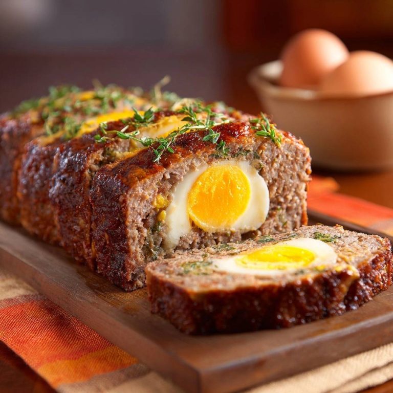 Saftiger Hackbraten mit weichem Ei im Anschnitt, das gekochte Ei mit Dotter ist gut sichtbar.