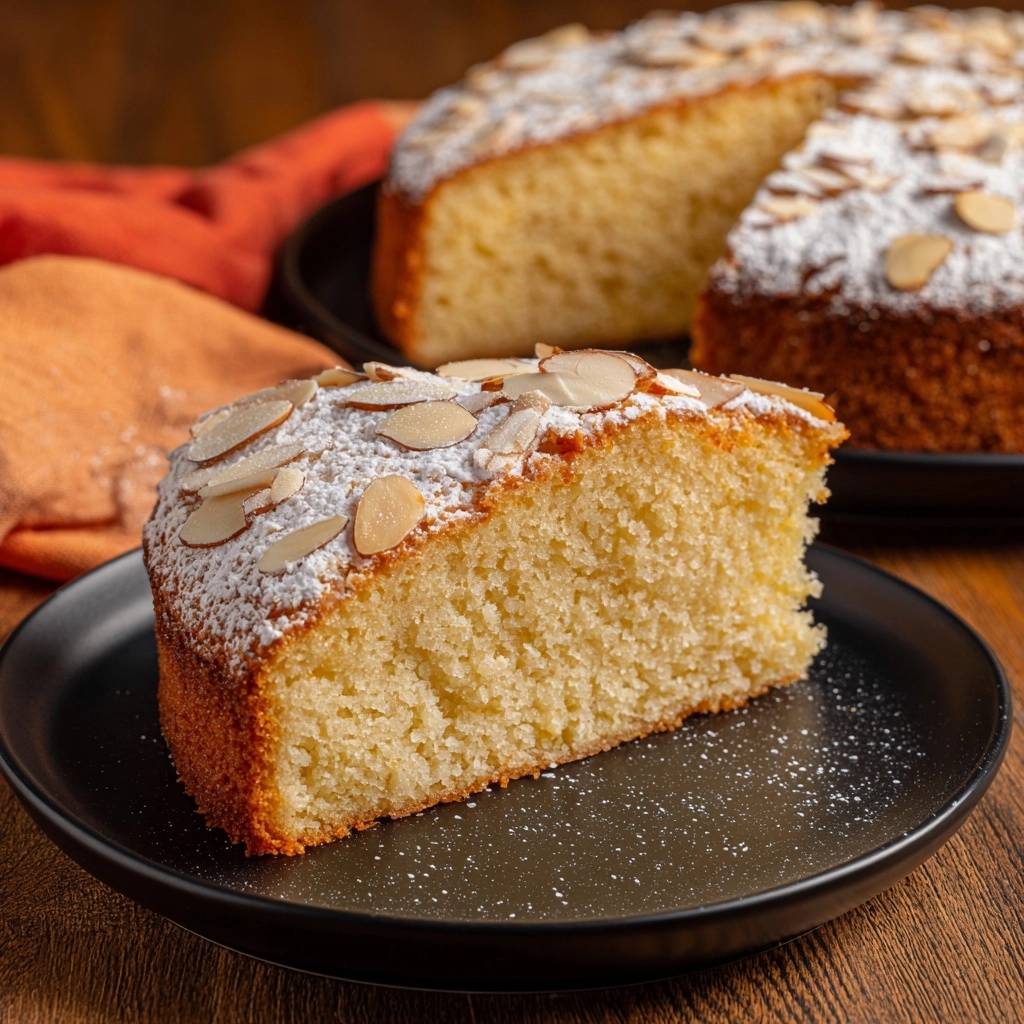 Saftiger Mandelkuchen angeschnitten auf einem schwarzen Teller, bestäubt mit Puderzucker und Mandelblättchen.