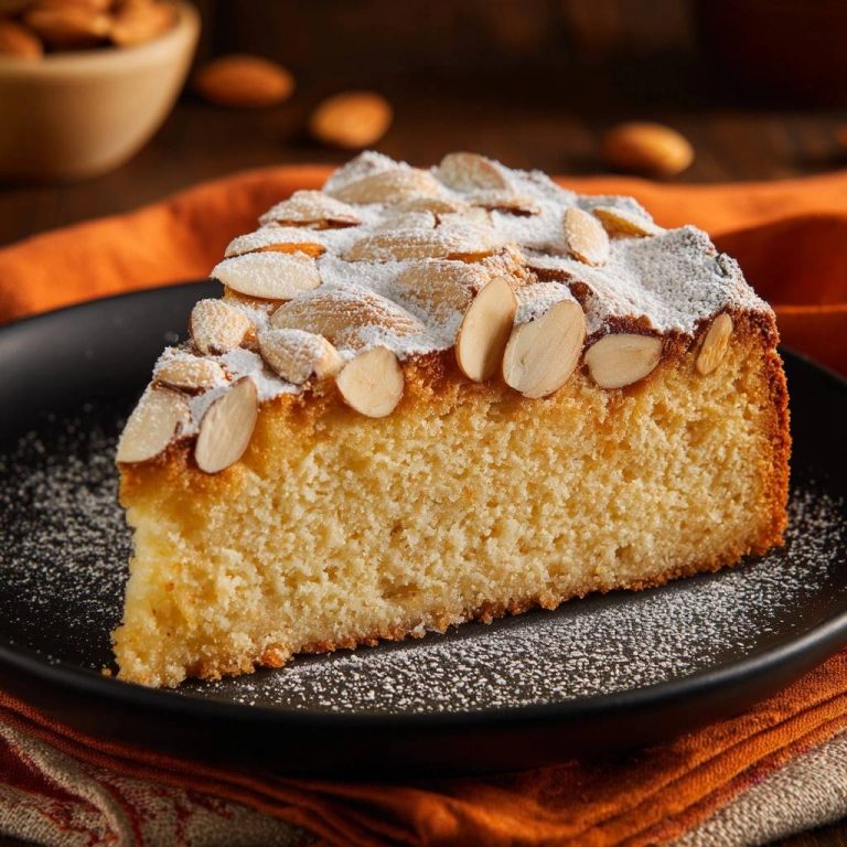 Saftiger Mandelkuchen, angeschnitten und auf einem schwarzen Teller mit Puderzucker und Mandeln garniert serviert