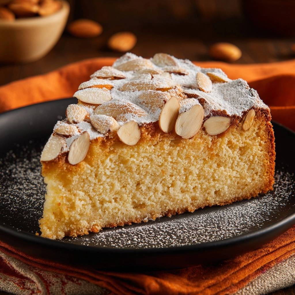 Saftiger Mandelkuchen, angeschnitten und auf einem schwarzen Teller mit Puderzucker und Mandeln garniert serviert