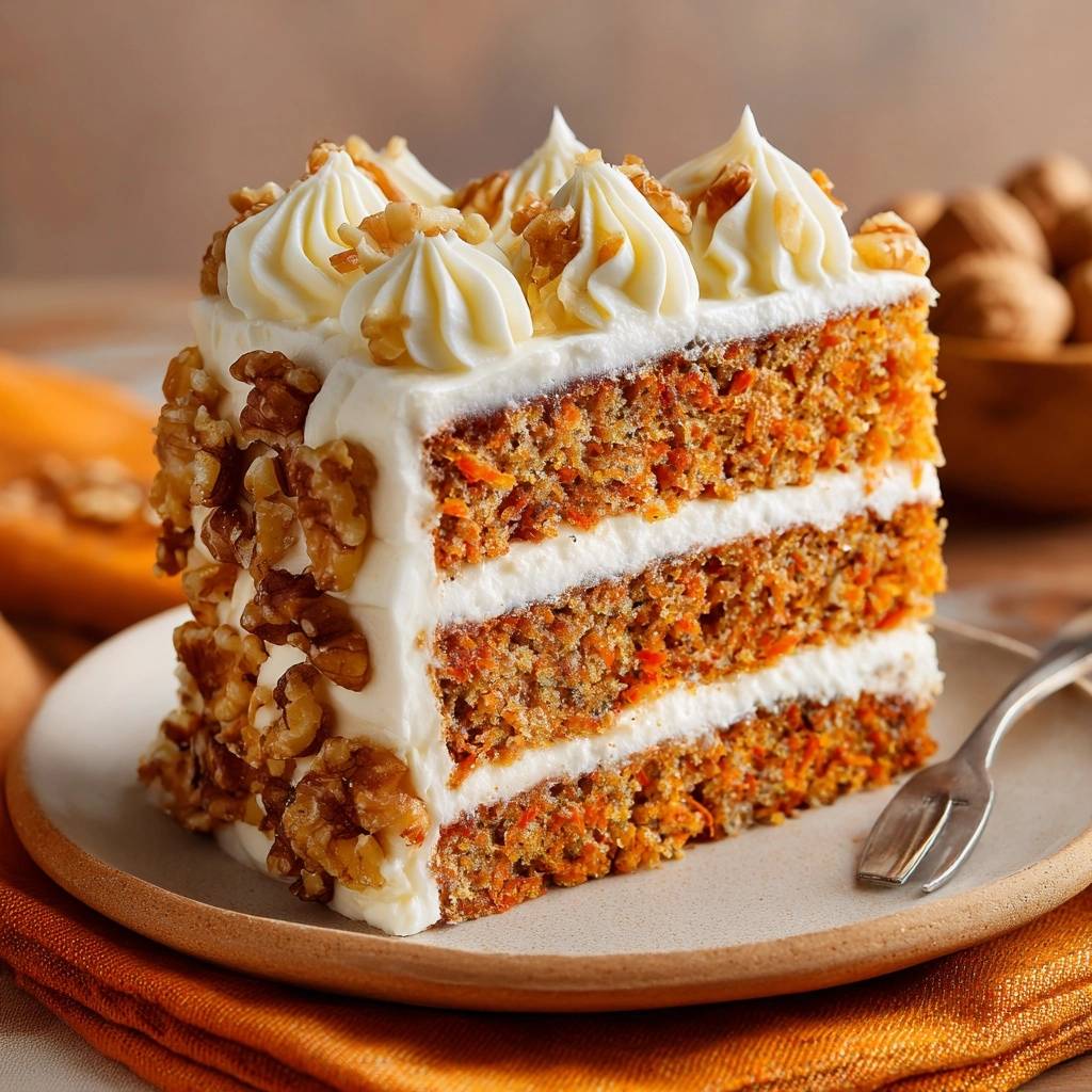 Saftiger Walnuss-Karottenkuchen mit Frischkäse-Frosting, gezeigt als angeschnittene Scheibe mit drei Schichten Kuchen und cremigem Frosting.
