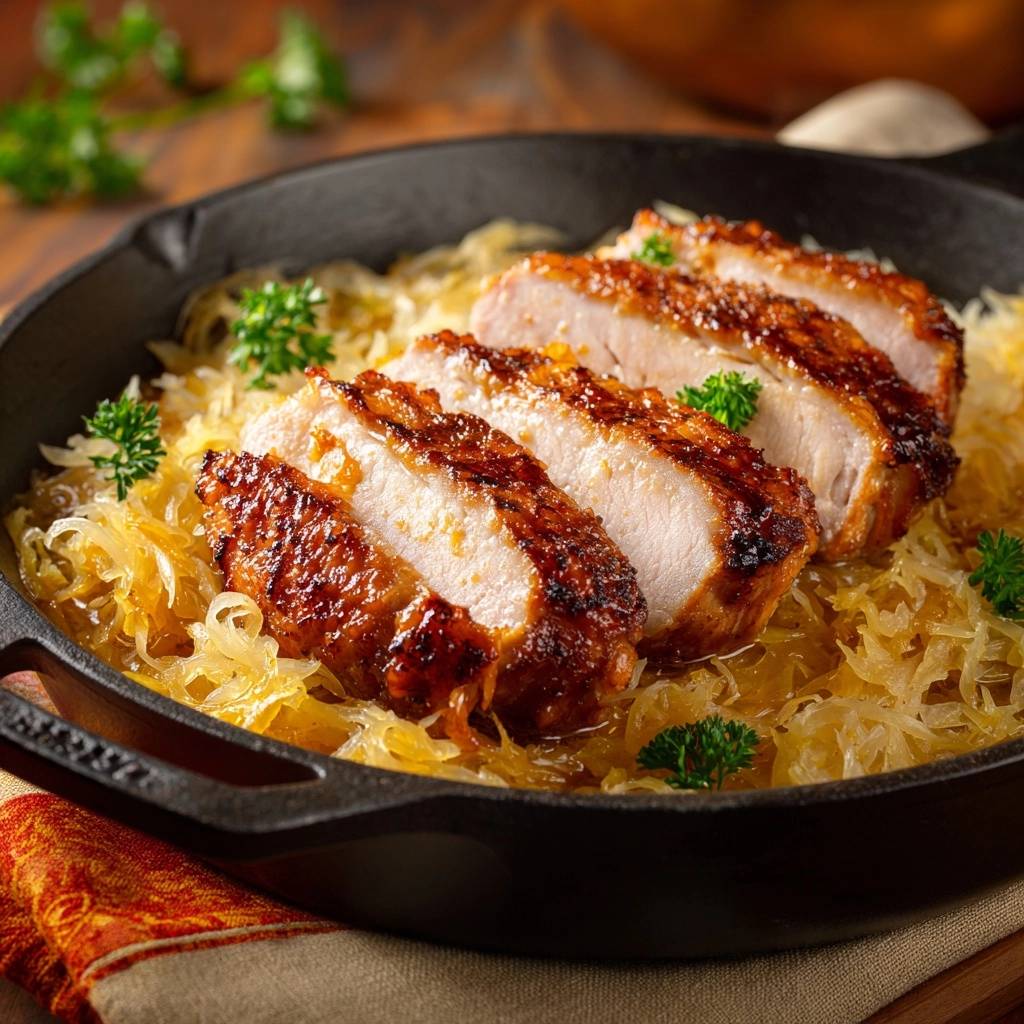 Saftiges Haenchen Auf Gold Sauerkraut Angeschnitten 1 Saftiges Hähnchen auf Gold-Sauerkraut, angeschnitten in einer Pfanne, mit frischer Petersilie garniert.