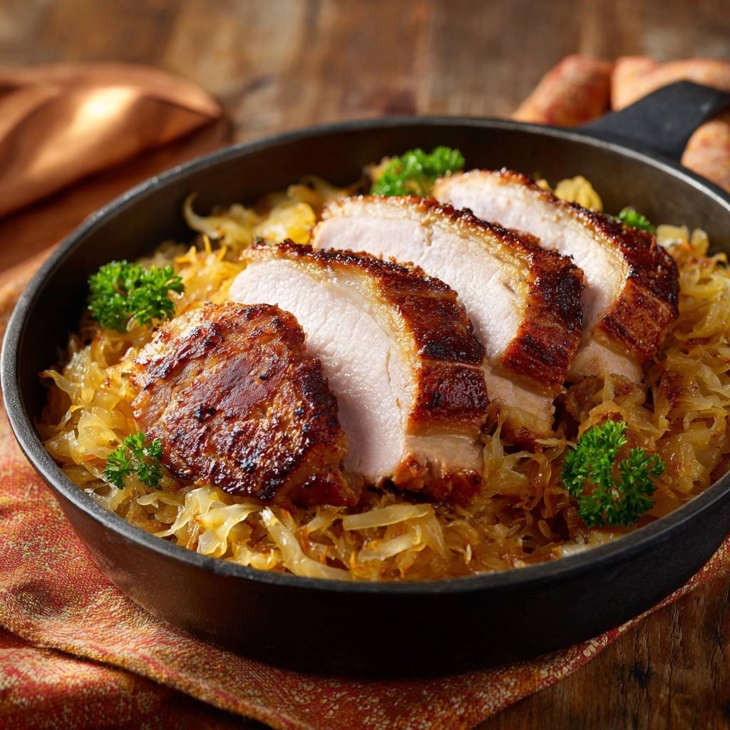 Saftiges Hähnchen auf karamellisiertem Sauerkraut, mit saftigen Scheiben und knuspriger Kruste, detailnah serviert.