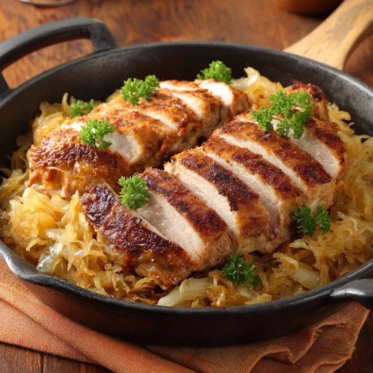 Saftiges Hähnchen auf karamellisiertem Sauerkraut, angeschnitten und mit Petersilie garniert, in einer Bratpfanne serviert.