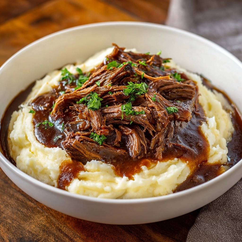 Saftiges Pulled Beef auf cremigem Kartoffelpüree, serviert in einer weißen Schüssel mit Nahaufnahme der Textur.