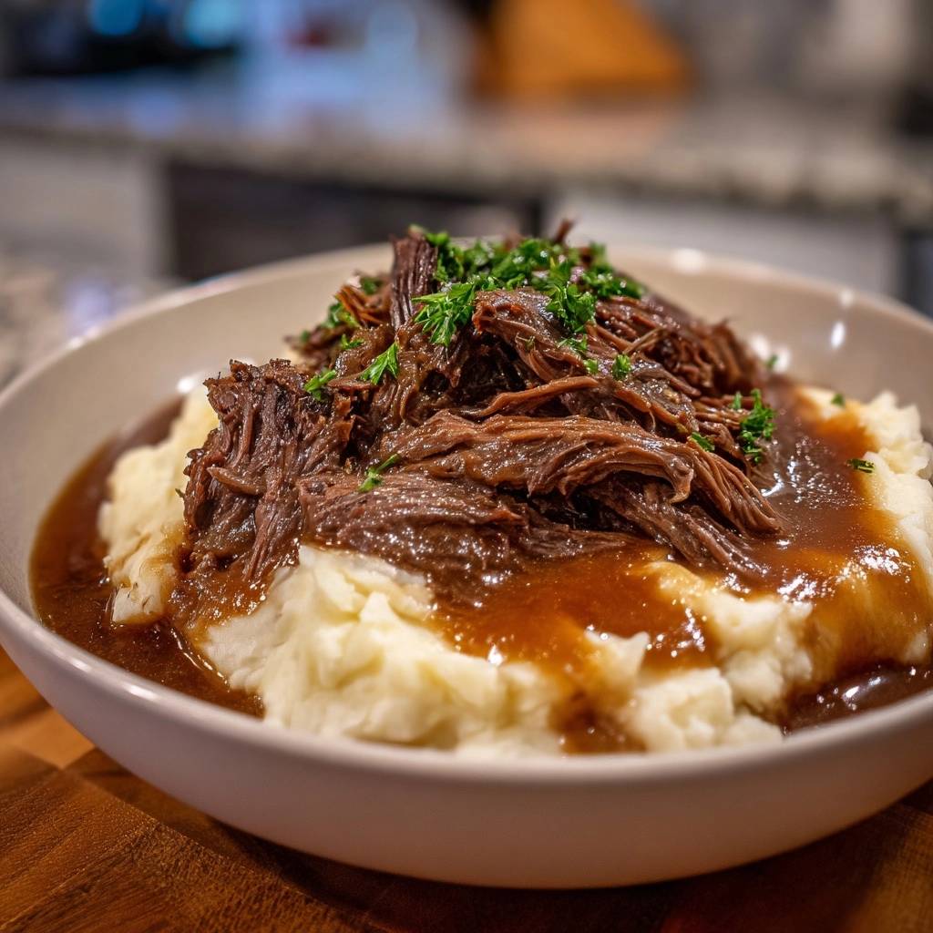 Saftiges Pulled Beef auf cremigem Kartoffelpüree, serviert in einer Schüssel mit reicher Sauce und Kräutergarnitur.