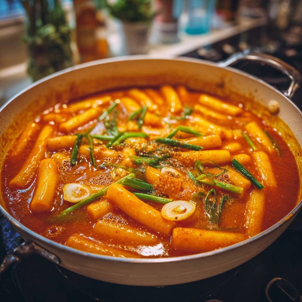 Scharfes Tteokbokki mit Spargel und Ei, eine Nahaufnahme des Gerichts in der Pfanne mit saftiger Sauce und Frühlingszwiebeln.