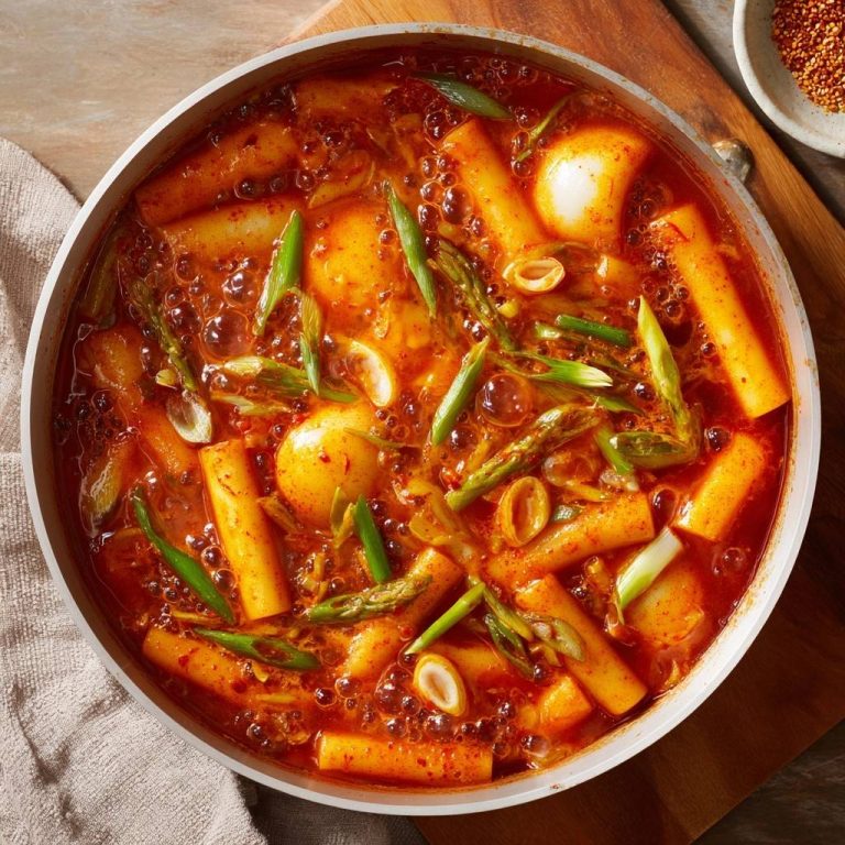 Scharfes Tteokbokki mit Spargel und Ei, eine detaillierte Draufsicht auf den dampfenden Eintopf mit vielen Zutaten.