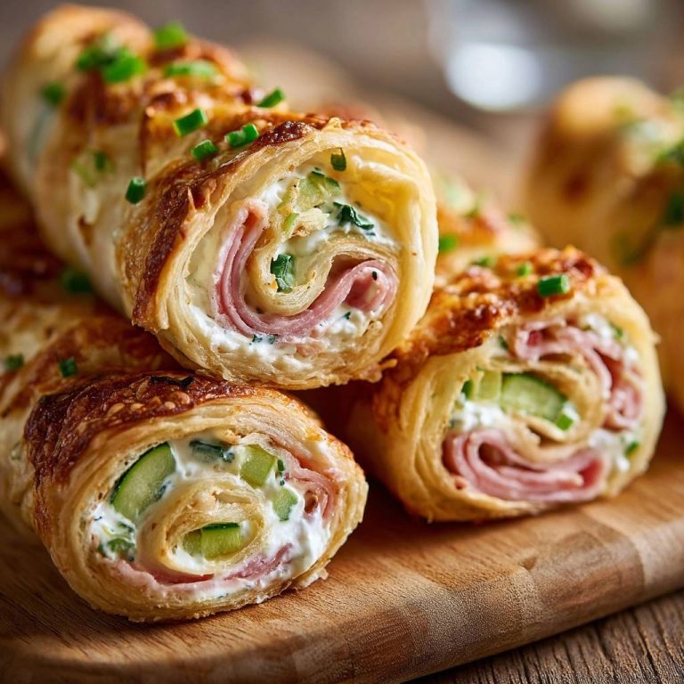 Knusprige Schinken-Gurken-Blätterteigrollen als Nahaufnahme mit sichtbarem Querschnitt der Füllung und des Blätterteigs.