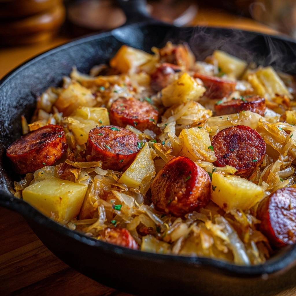 Schlesisches Himmelreich Detail Naheinstellung 1 Schlesisches Himmelreich mit Wurst und Kartoffeln in einer Gusseisenpfanne, detailreiche Nahaufnahme der dampfenden Speise.