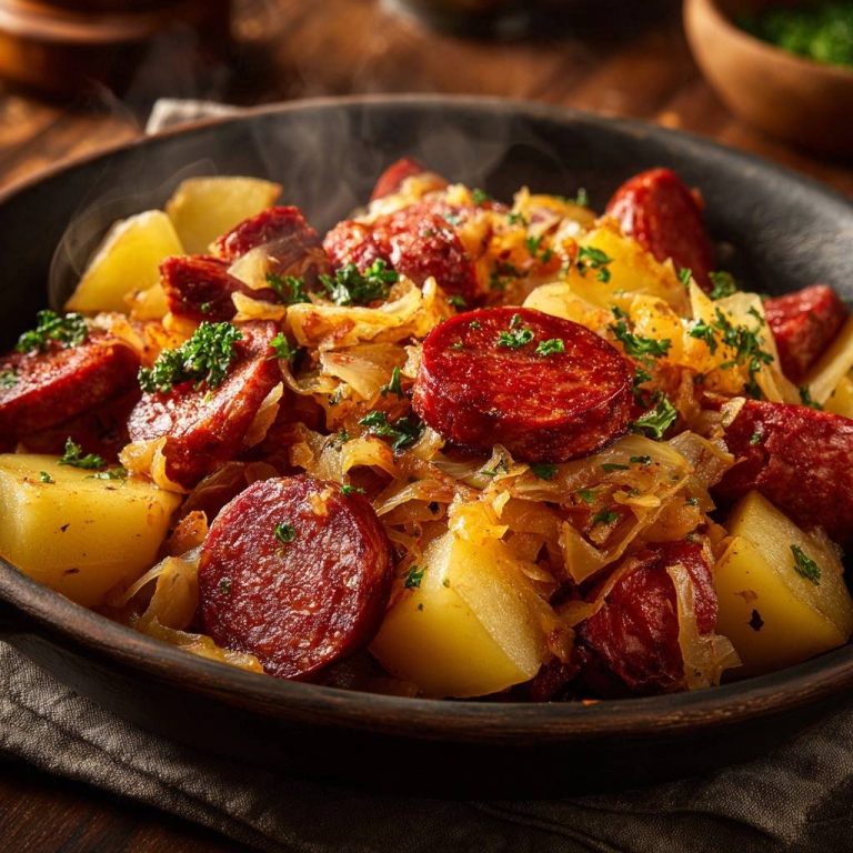Schlesisches Himmelreich mit Wurst und Kartoffeln als Nahaufnahme, dampfend und mit Petersilie garniert.