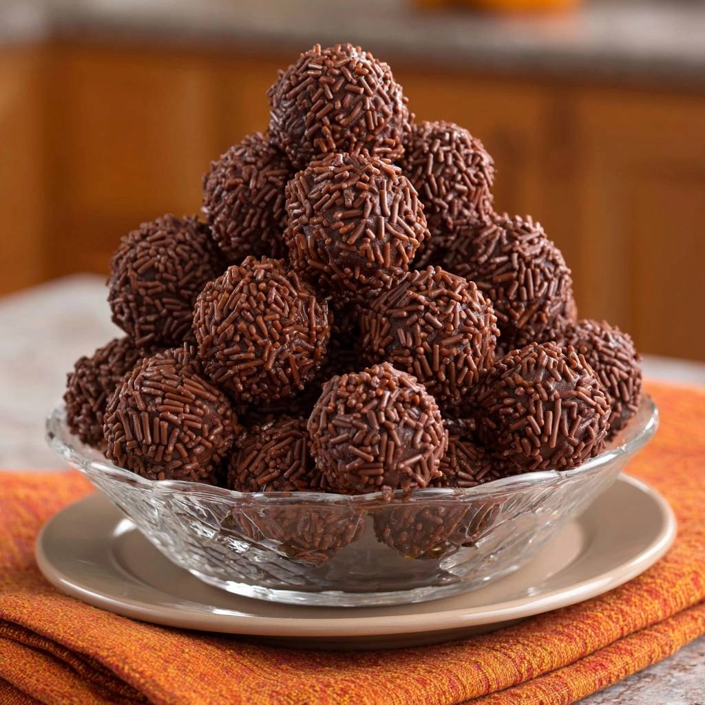 Schoko-Brigadeiros in einer Glasschüssel, bedeckt mit Schokoladenstreuseln, auf einem orangen Tuch serviert.
