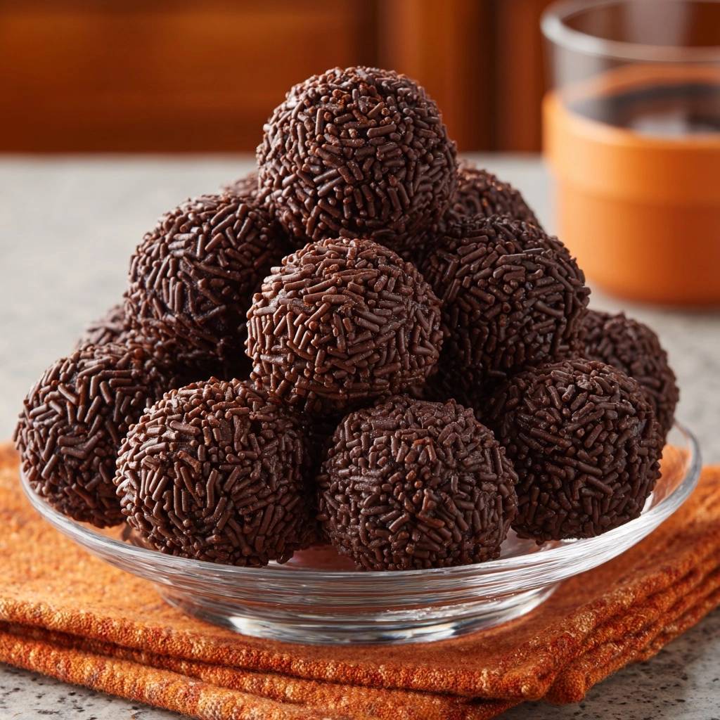 Perfekte Schoko-Brigadeiros in einer Glasschüssel, umhüllt von Schokoladenstreuseln, serviert auf einem orangen Tuch
