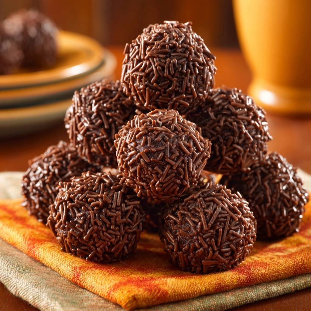 Schoko Brigadeiros Nahaufnahme Streusel 1 Schoko-Brigadeiros, eine Nahaufnahme von vielen saftigen Schokoladenkugeln, die mit feinen Schokoladenstreuseln bedeckt sind.