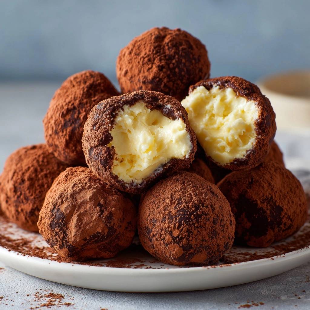 Schoko Cheesecake Trffel Angeschnitten 1 Schoko-Cheesecake-Trüffel angeschnitten, die cremige Füllung und der Schokoladenüberzug sind deutlich sichtbar