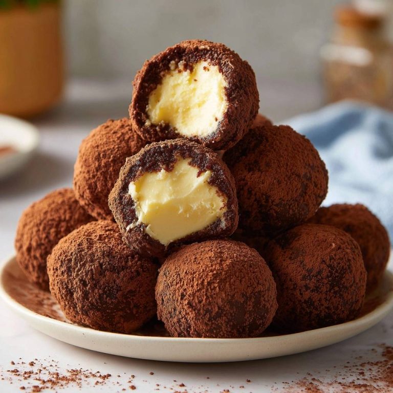 Schoko-Cheesecake-Trüffel zeigen angeschnitten eine cremige, helle Käsekuchenfüllung umhüllt von dunkler Schokolade und Kakaopulver.