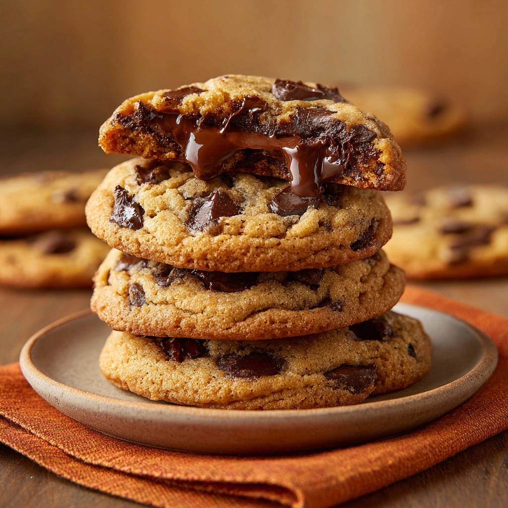 Ultimative Schoko-Chip-Cookies angeschnitten, mit flüssiger Schokolade, die aus dem Inneren tropft.