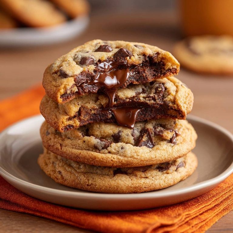 Ultimative Schoko-Chip-Cookies mit einem flüssigen, geschmolzenen Schokoladenkern, gestapelt auf einem Teller.