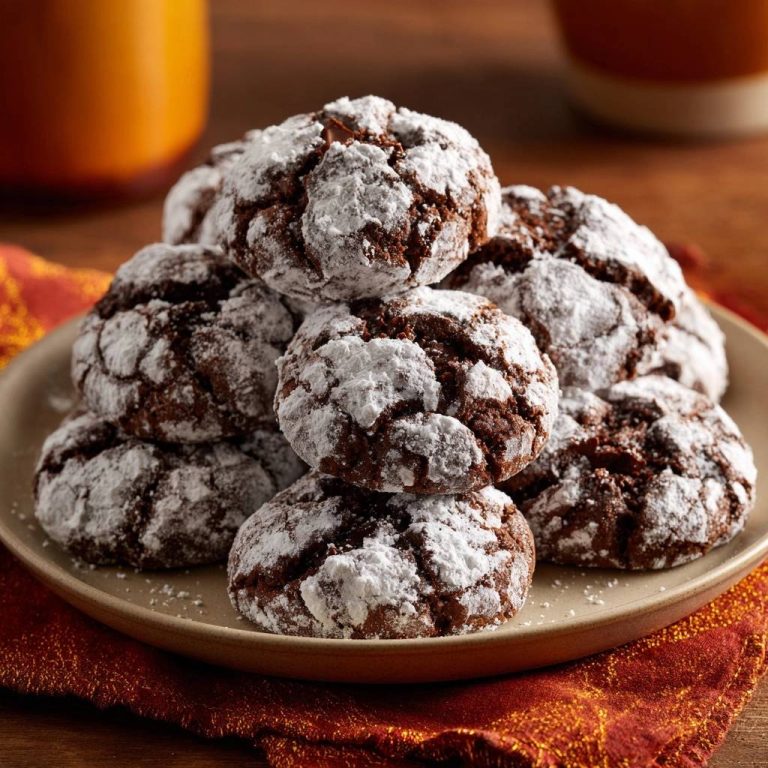 Schoko-Crinkle-Cookies, hier als Nahaufnahme auf einem Teller mit Puderzucker bestäubt und mit einer rustikalen Serviette.