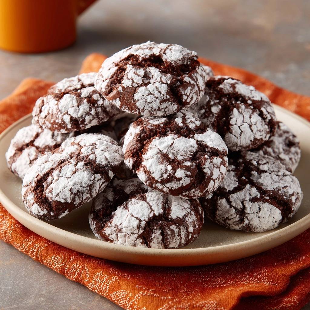 Schoko Crinkle Cookies Nahaufnahme Teller 1 Schoko-Crinkle-Cookies, eine Nahaufnahme von auf einem Teller gestapelten Keksen mit Puderzucker bestäubt.