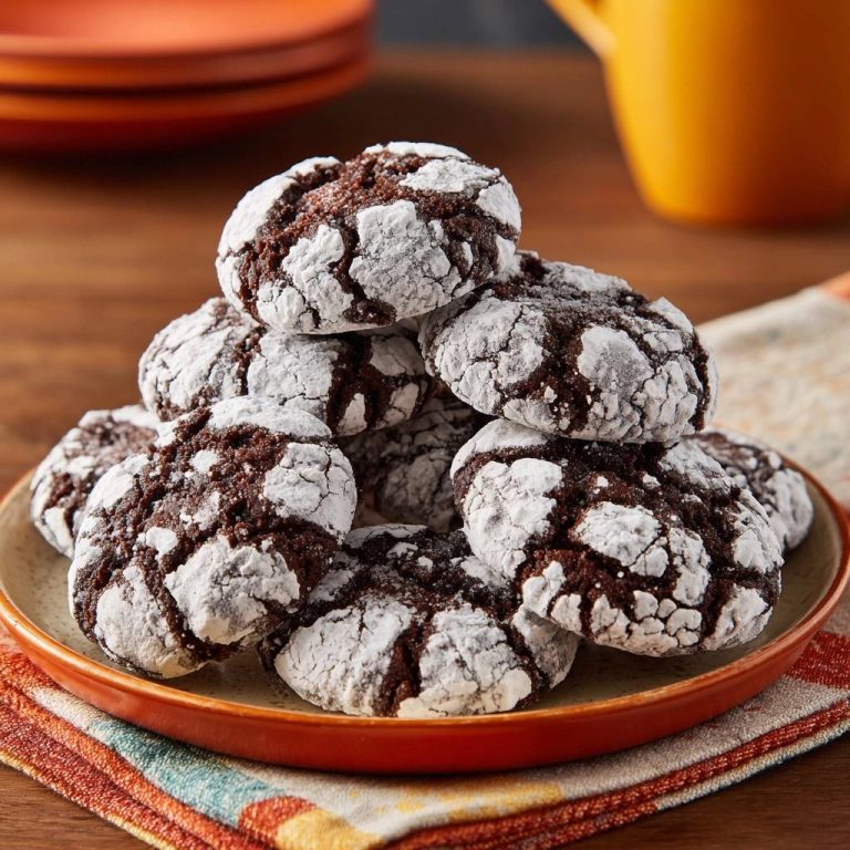 Schoko-Crinkle-Cookies, ein Stapel der frisch gebackenen, mit Puderzucker bestäubten Kekse auf einem Teller mit einem bunten Tuch.