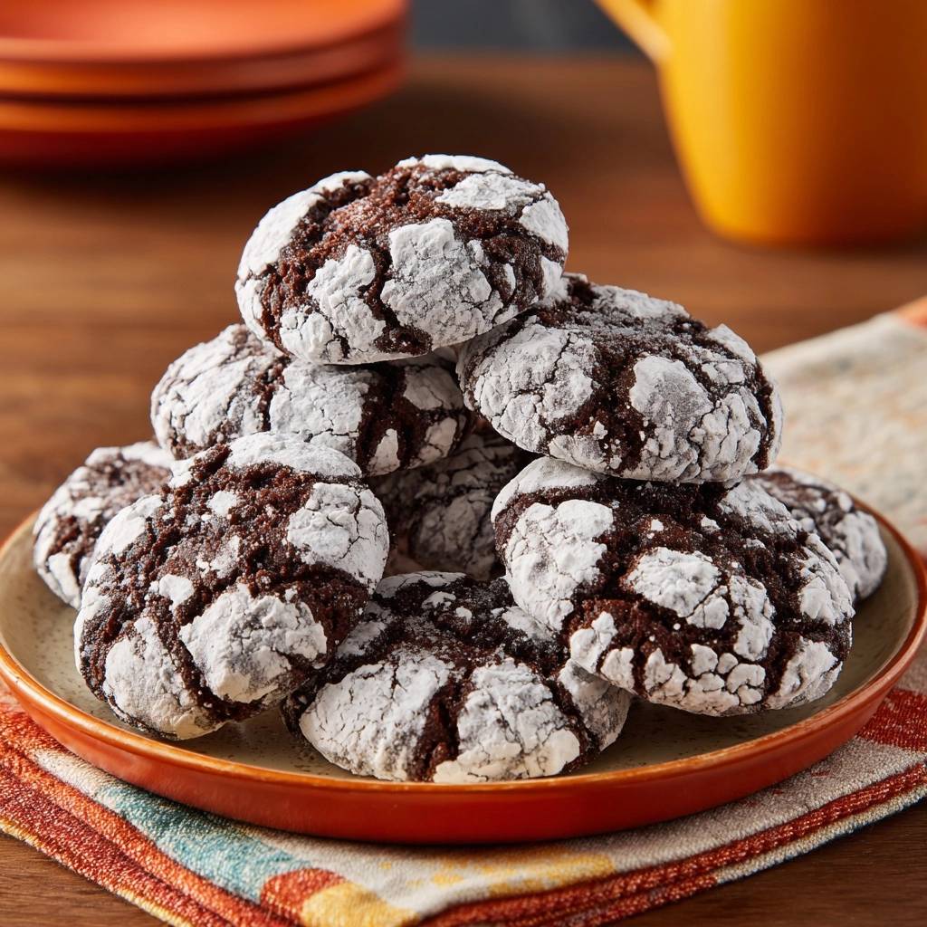 Schoko-Crinkle-Cookies, ein Stapel der frisch gebackenen, mit Puderzucker bestäubten Kekse auf einem Teller mit einem bunten Tuch.