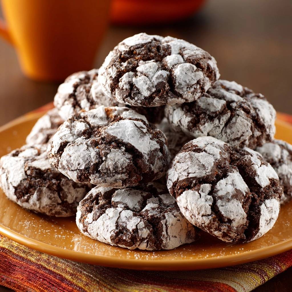 Schoko Crinkle Cookies Stapel Mit Puderzucker 1 Schoko-Crinkle-Cookies, ein Stapel mit Puderzucker bestäubter Kekse auf einem Teller, nahaufnahme der Textur.