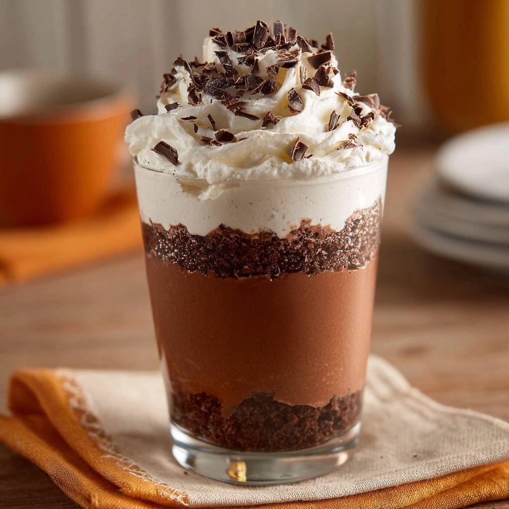 Schoko-Mousse-Parfait im Glas, gekrönt mit Schlagsahne und Schokoladensplittern, zeigt die köstliche Garnitur.