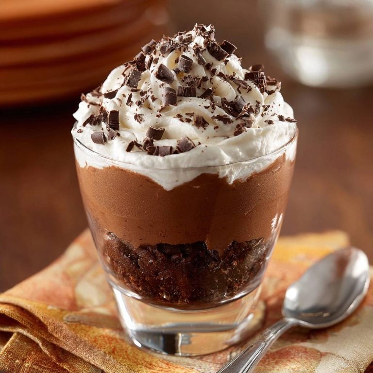 Schoko-Mousse-Parfait im Glas, garniert mit Schlagsahne und Schokostückchen, serviert auf einem gemusterten Tuch.