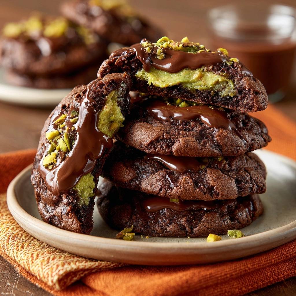 Schoko Pistazien Cookies Angeschnitten 1 Schoko-Pistazien-Cookies mit cremiger Füllung angeschnitten, mit Schokoladenglasur und gehackten Pistazien bestreut.