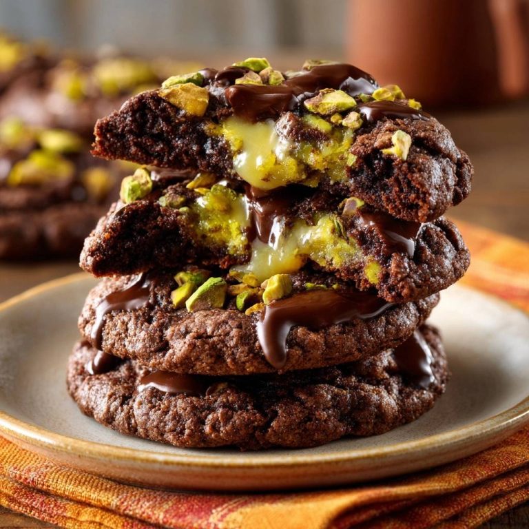 Schoko-Pistazien-Cookies mit cremiger Füllung als Anschnitt mit geschmolzener Füllung und gehackten Pistazien.