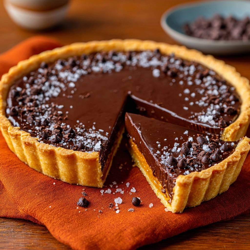 Schoko Salz Tarte Angeschnitten Mit Ganzer Torte 1 Knusprige Schoko-Salz-Tarte angeschnitten, mit einem Stück herausgenommen und der ganzen Tarte im Hintergrund auf einem orangen Tuch.